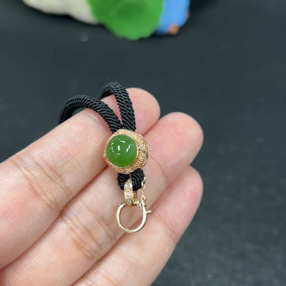 Hetian Jade Jasper Inlaid Pendant 18K with Diamond Accents