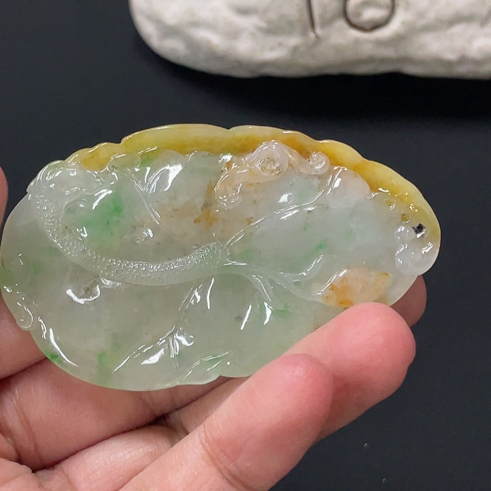 Jadeite Lotus Leaf Fish Pendant, Total Weight Approx. 27.26g, Color Origin Undetermined