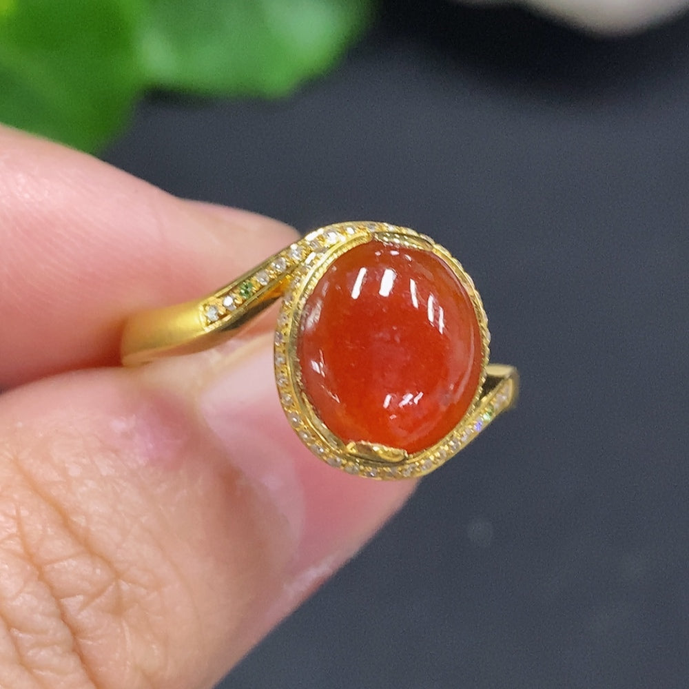 Jadeite Cabochon Ring with, . (Colorless Accent Stones are Diamonds) | Huiliu Certified