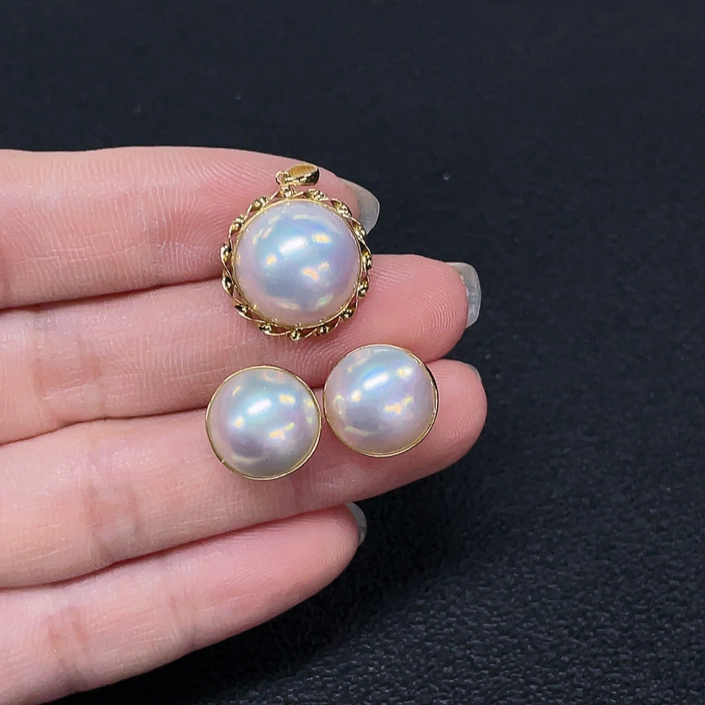 Composite Saltwater Pearl Pendant and Earring Set, 18K Gold