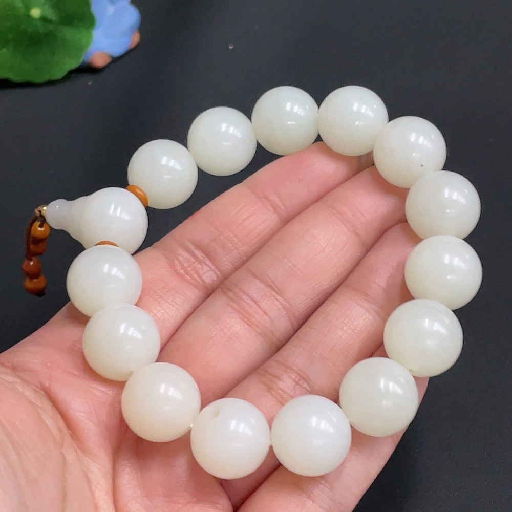 Hetian Jade Bracelet, Approx. 14.4 mm Beads, Total Weight Approx. 73.4g, Undetermined Skin Color Origin, Non-Hetian Jade Beads Included