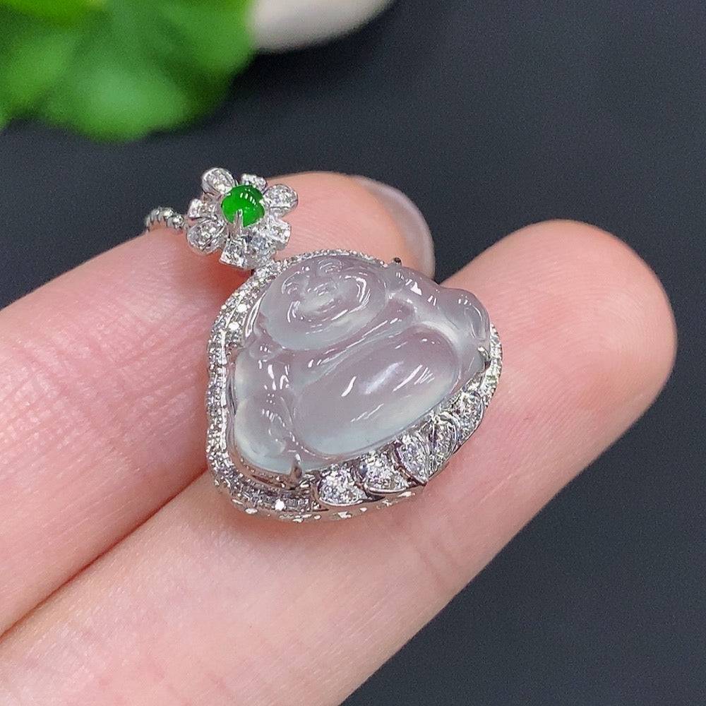Jadeite Buddha pendant by HUILIU HQ with 18k gold accents and diamond details, showcasing the detailed Buddha carving on smooth jade.