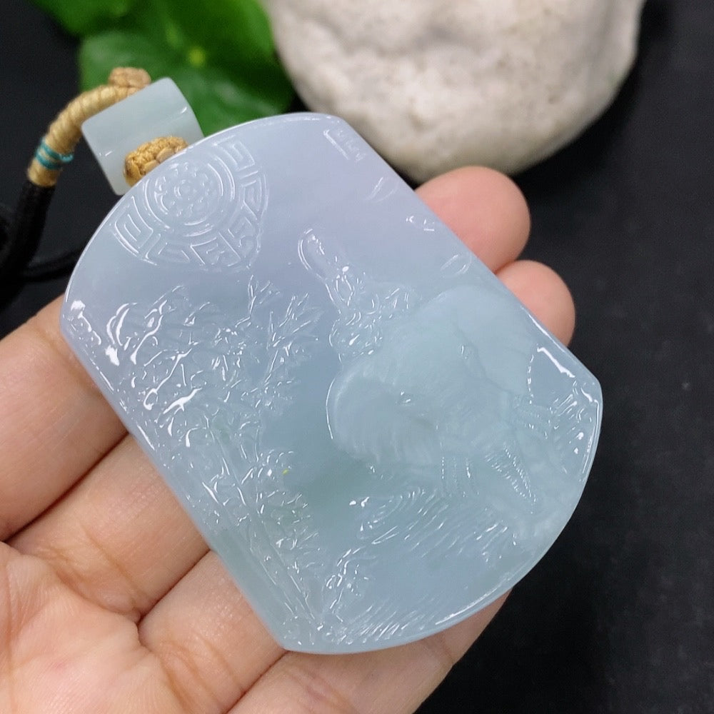 Jadeite pendant featuring Samantabhadra design, weighing 72.8g, displayed on a necklace, crafted by HKHQ.