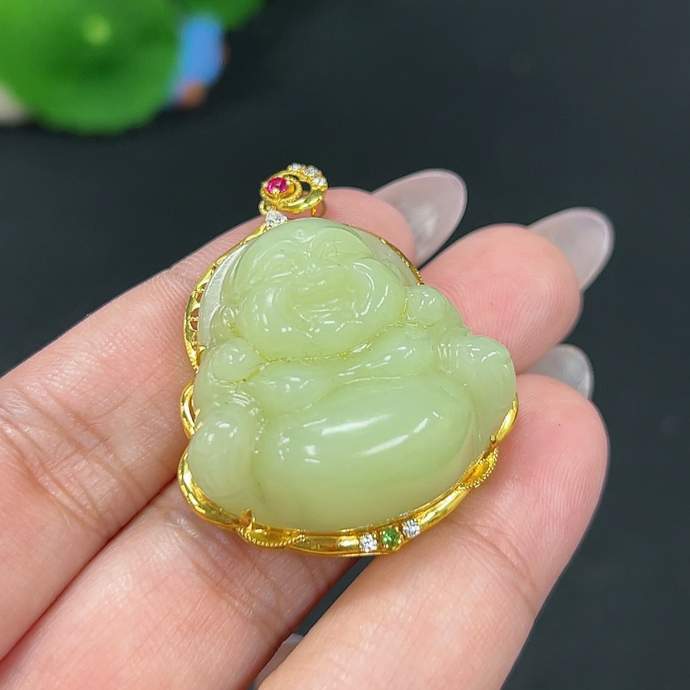 Hetian Jade Inlaid Pendant Buddha with 18k gold setting, weighing approximately 16g, designed by HKHQ.