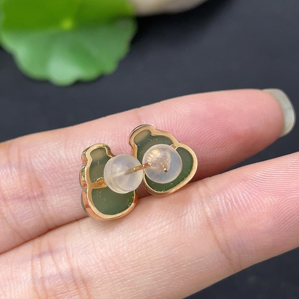 HKHQ Hetian Jade inlaid earrings with 18k gold, featuring elegant green jade stones and gold ear stoppers.