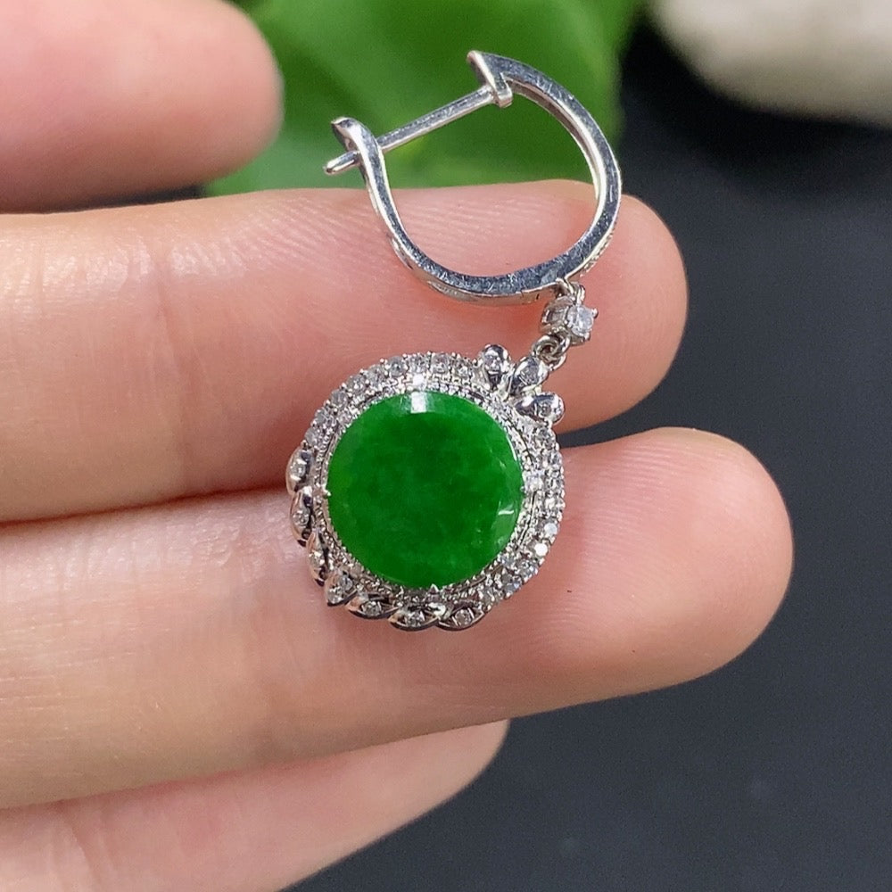 Single jadeite earring with diamond accent in 18K gold by HKHQ, showcasing elegant jewelry design and fine craftsmanship.