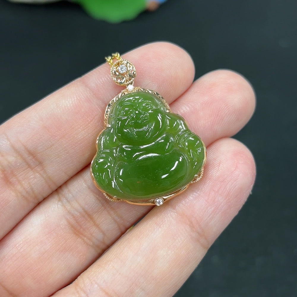 Hetian Jade Buddha pendant necklace with 18K gold setting, featuring a smooth jade Buddha figure on a delicate chain.