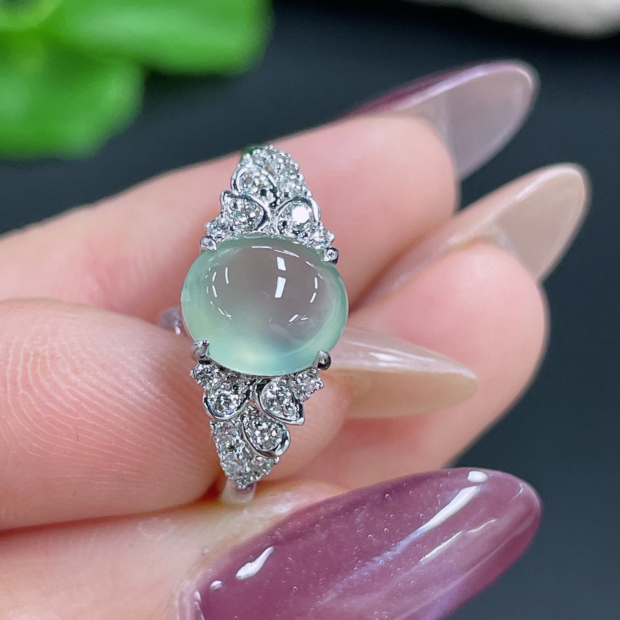Jadeite Ring 18k Gold Setting with Diamond, Total Weight Approx. 2.86g, Size 14