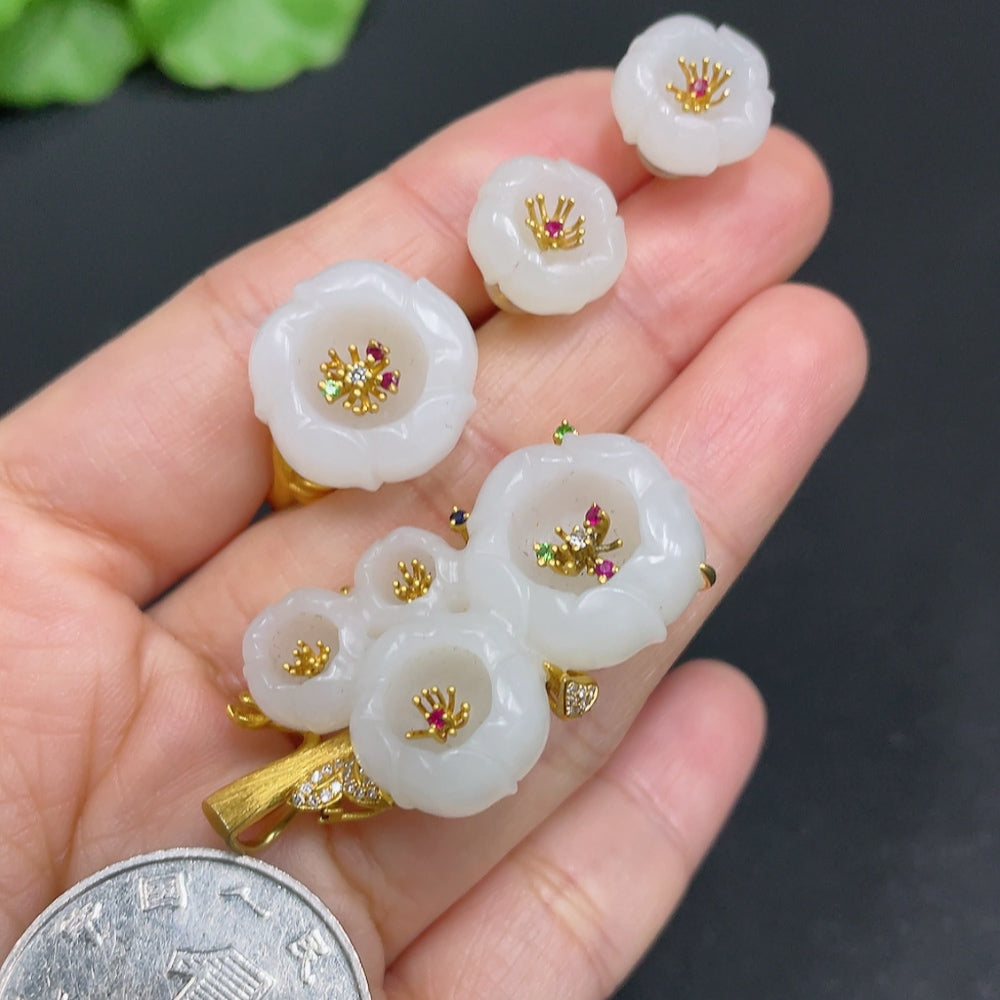 Elegant Hetian jade inlaid pendant earrings and ring with diamond accents in 18k gold, size 17, by HUILIU HQ.
