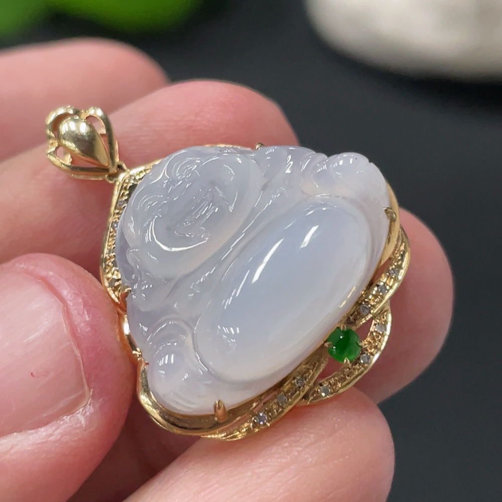 Huiliu Jadeite Buddha pendant with diamond accents, showcasing detailed craftsmanship and vibrant green jade stone.