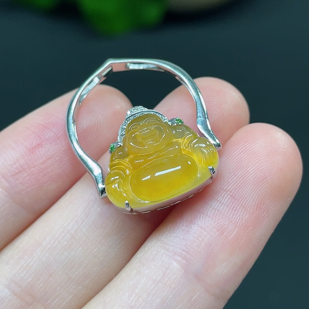 Jadeite Buddha Blessing Inlaid Pendant with 18K Gold and Diamond Accents (Colorless) Color Origin Undetermined