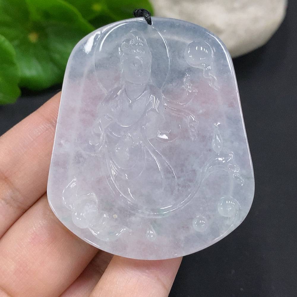 Jadeite Guanyin pendant from HUILIU HQ, carved in jade, weighing approximately 30.4 grams, detailed figure with smooth surface.