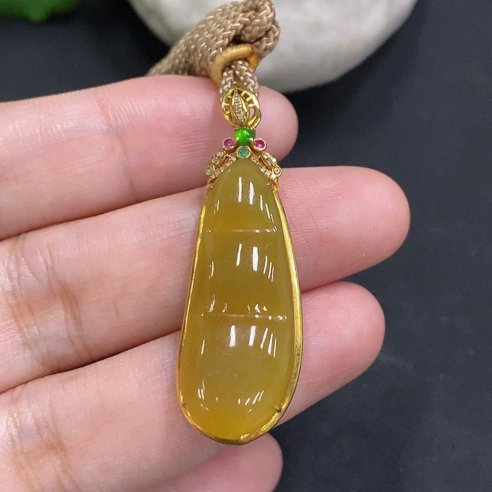 Jadeite Fudu Bead Inlaid Pendant 18K Gold Total Weight Including Rope Approx. 6.1g (Yellow Color Origin Undetermined) (Non-Diamond) (Rope Accessory Non-Gold)