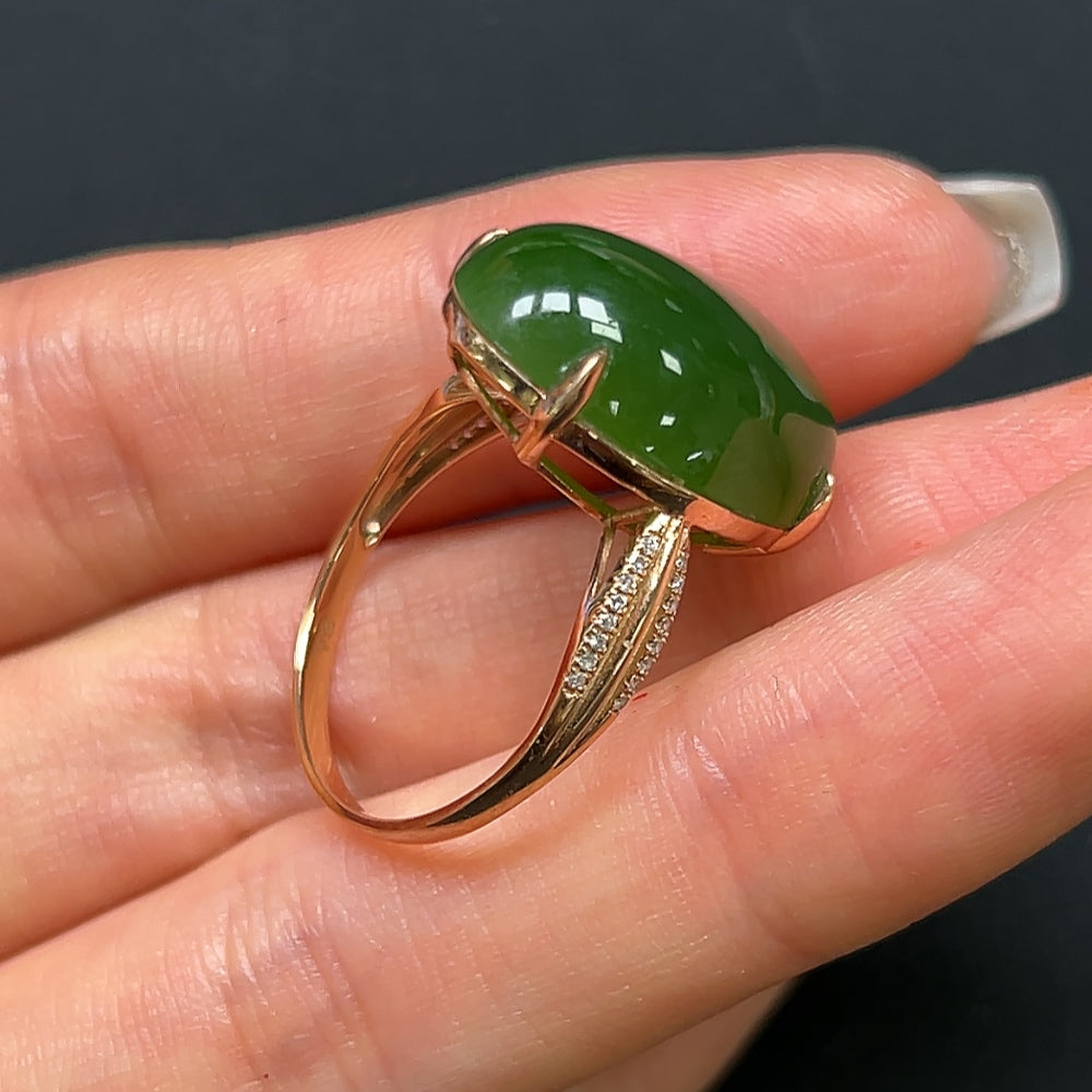 Hetian Jade ring with 18k gold and diamond accents, size 21, weighing approximately 5.3 grams, by HKHQ.