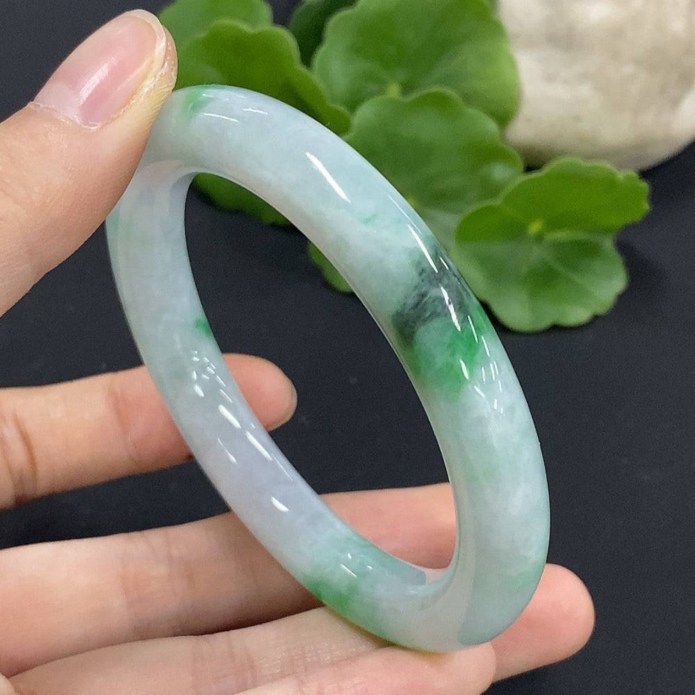 HUILIU HQ jadeite round bangle with mineral components, size 53.1, weighing approximately 46.2g, showcasing smooth polished surface