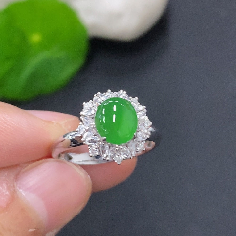Jadeite Cabochon Ring 18k Gold Total Weight Approx. 2.8g Size 14 with Diamond Accents