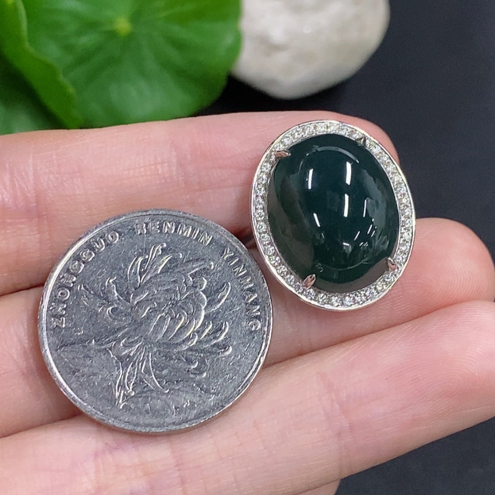 Jadeite cabochon ring with diamond accents in 18k gold, size 14, HKHQ jewelry, elegant and polished design.
