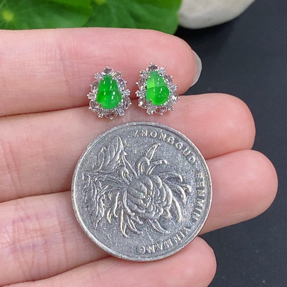 Jadeite Gourd Inlaid Earrings 18k Gold with Diamond Accents