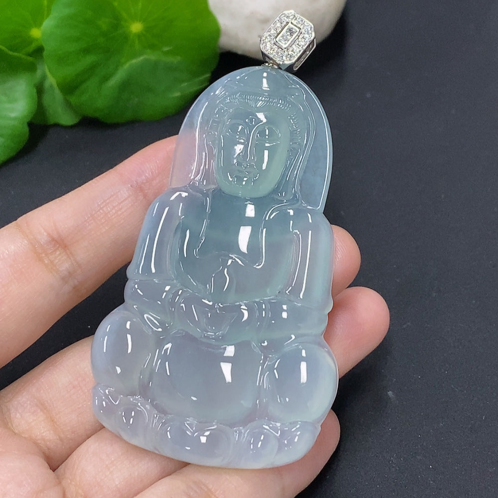 Jadeite Guanyin pendant with diamond accents, 18K gold clasp, crafted from green jade, weighs approximately 31.3g, by HKHQ.