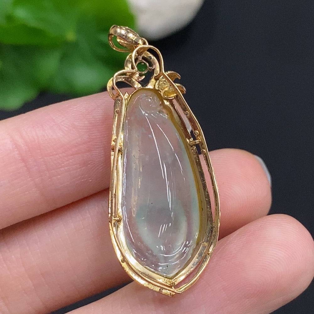 Huiliu Jadeite Magnolia pendant with diamond accents, featuring intricate craftsmanship and vibrant green jade gemstone.