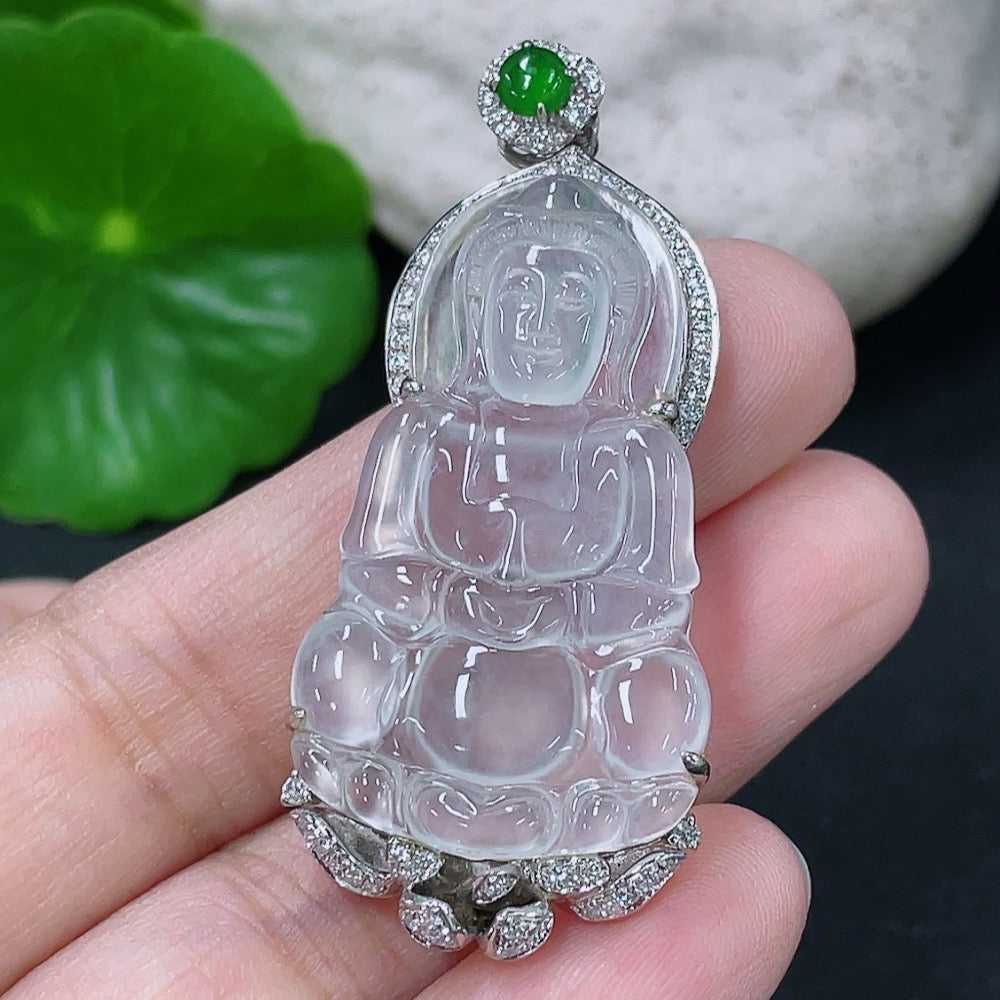 Jadeite Guanyin Inlaid Pendant, 18K Gold Setting with Diamond Accents