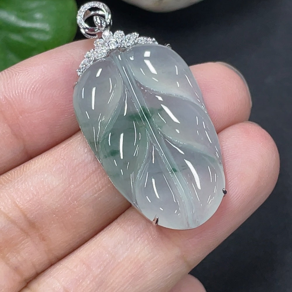 Jadeite Pendant Leaf with and Diamond Accents, . | Huiliu Certified