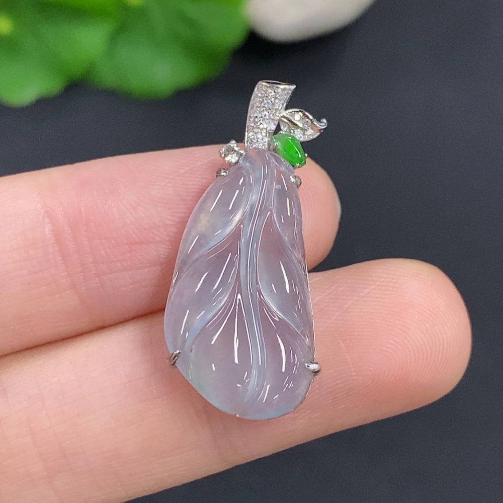 Huiliu Jadeite leaf pendant with diamond accents, crafted from green jade, featuring detailed leaf design and sparkling gemstones.