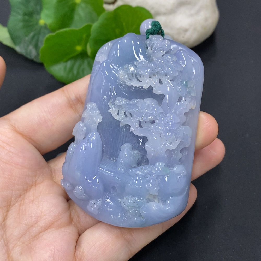 Jadeite landscape pendant featuring detailed jade artwork on a chain, weighs approximately 142.7g, crafted by HKHQ.