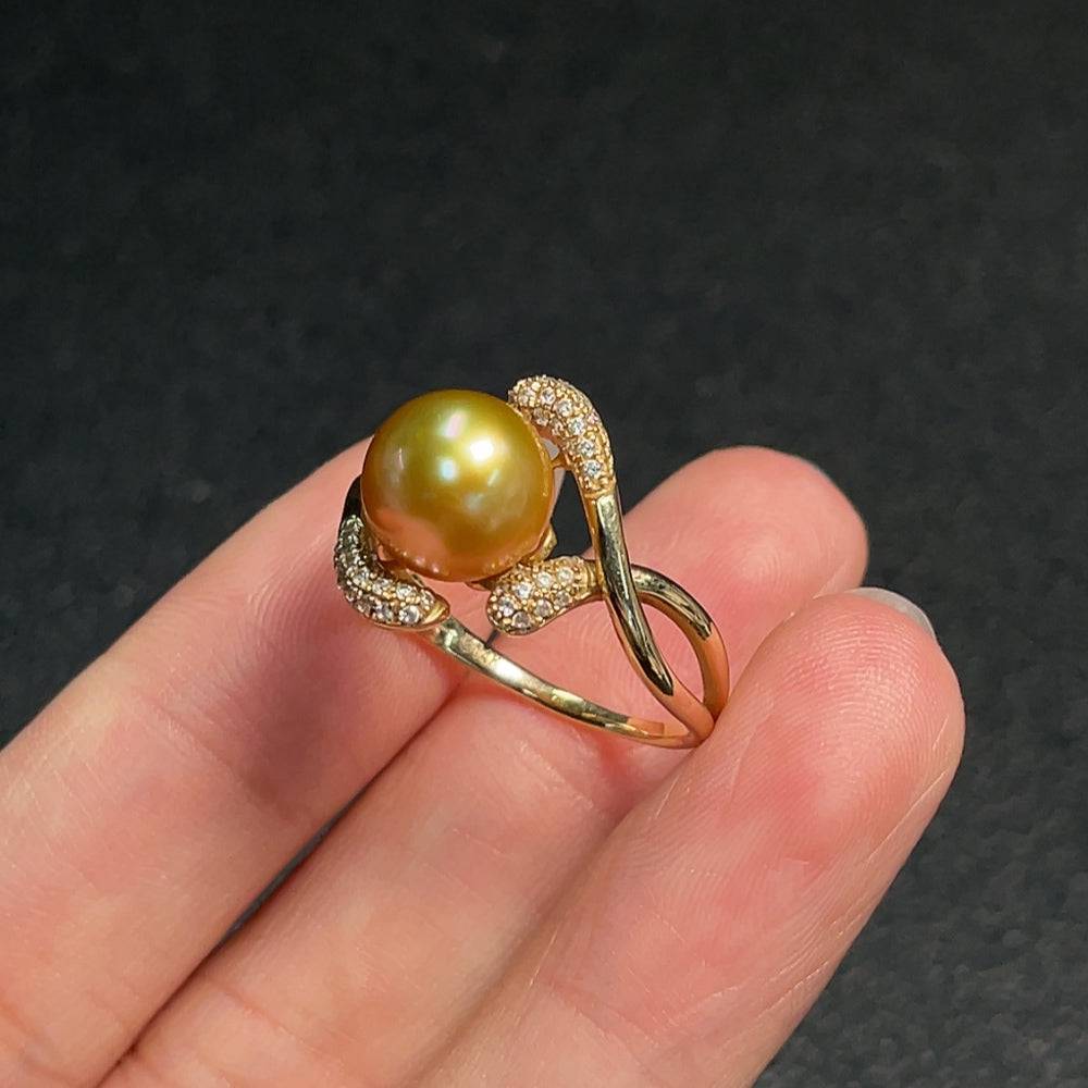 HUILIU HQ seawater pearl ring with an 8.9mm pearl, gold AU52%, size 17, weighing 3.87g, showcasing a elegant pearl jewelry design.
