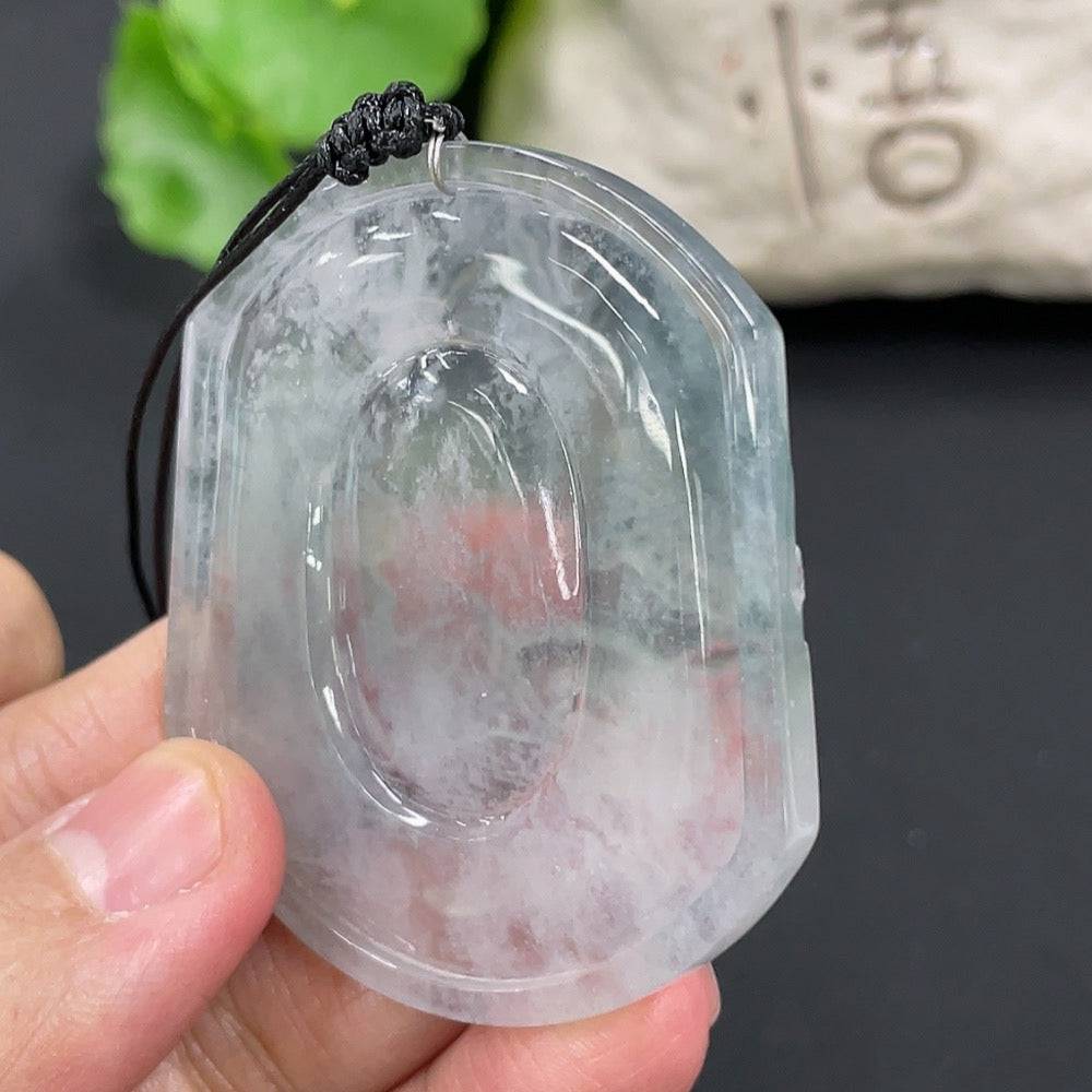 Jadeite pendant with landscape plaque and rope, weighing 23.84g, from HUILIU HQ, showcasing detailed jade craftsmanship.