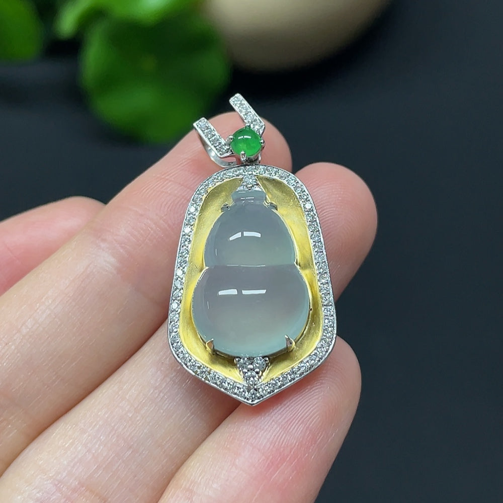 Jadeite Gourd Inlaid Pendant 18k with Diamond Accents