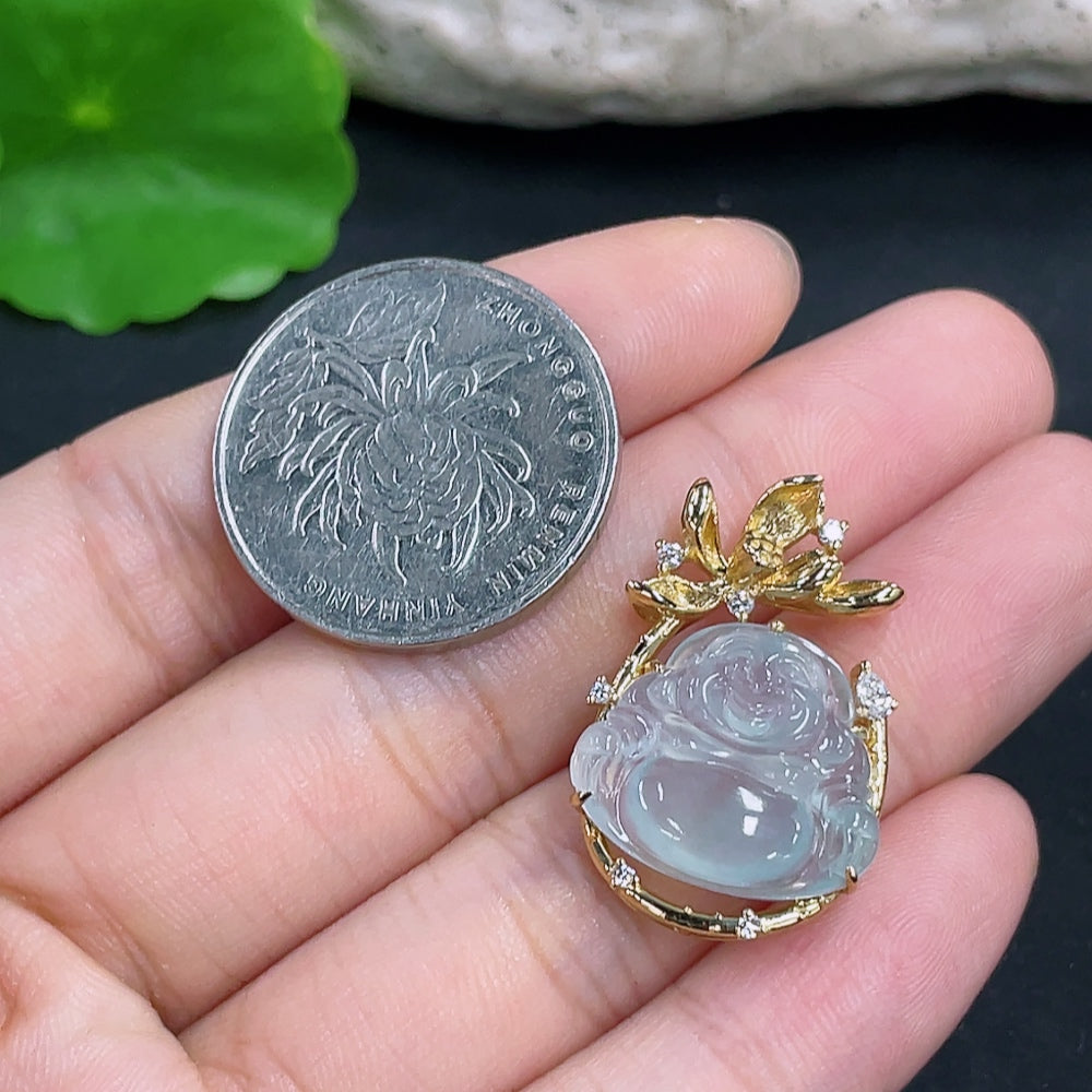 Jadeite pendant featuring a Buddha design, weight 4.9g, set in 18k gold, from HKHQ, with no stamp and non-diamond content.