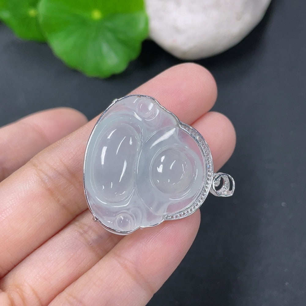 Jadeite Pendant Buddha with 18k Gold and Diamond Accents, Total Weight Approx. 6.75g