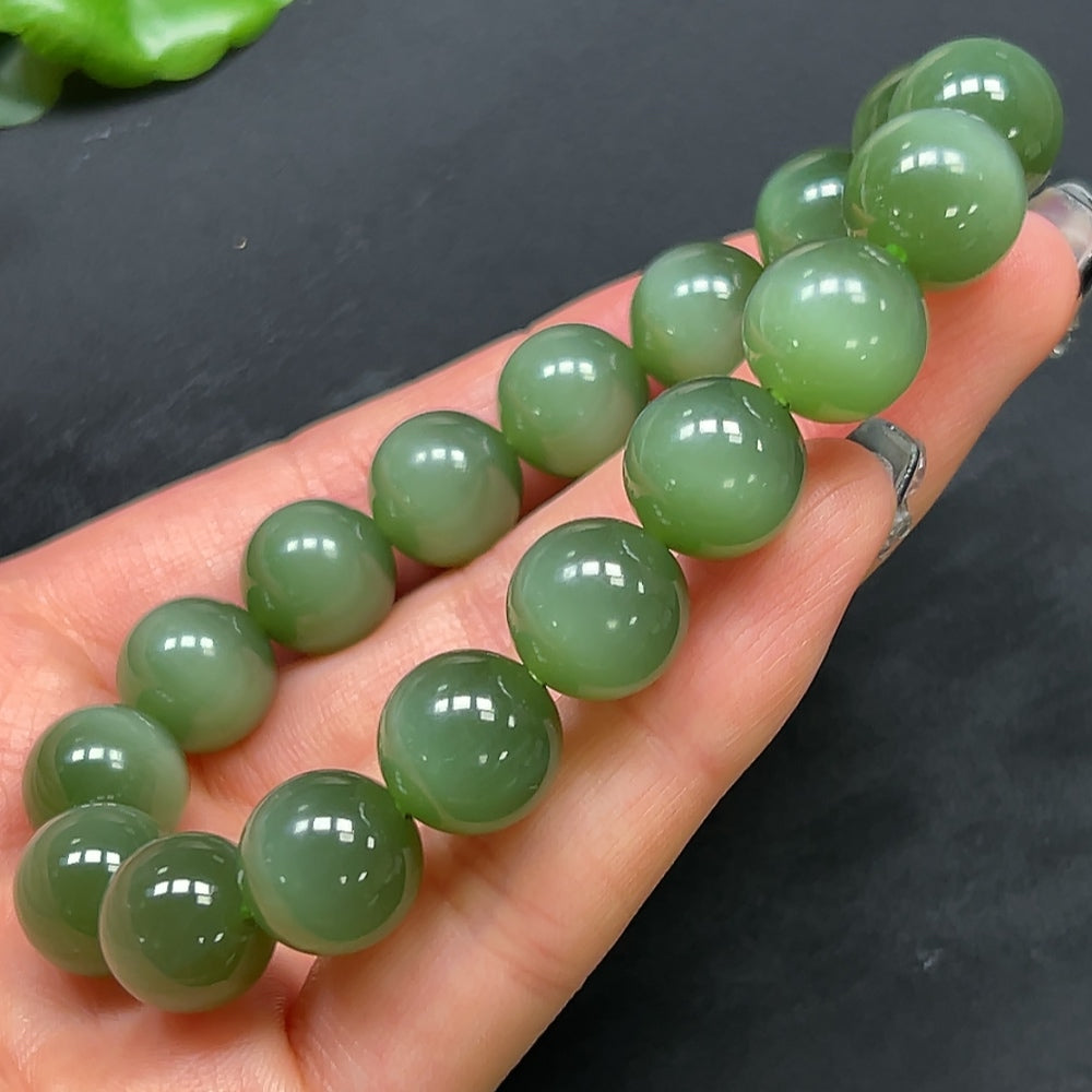 HKHQ Hetian Jade bracelet with 11.8mm smooth round beads, elegant and polished jewelry accessory