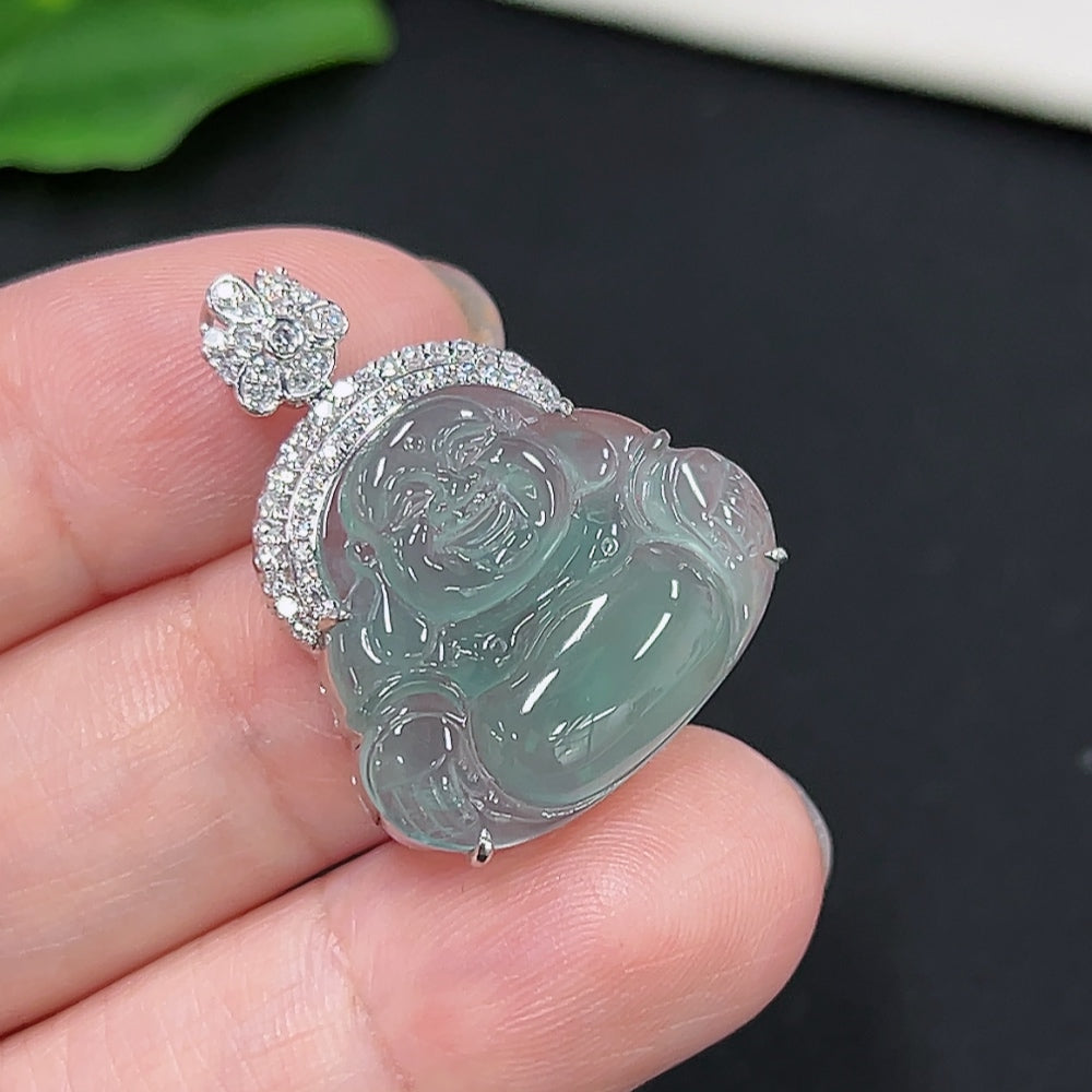 Jadeite Buddha Pendant with 18K Gold, Total Weight Approximately 4.3g (Set with Diamonds)