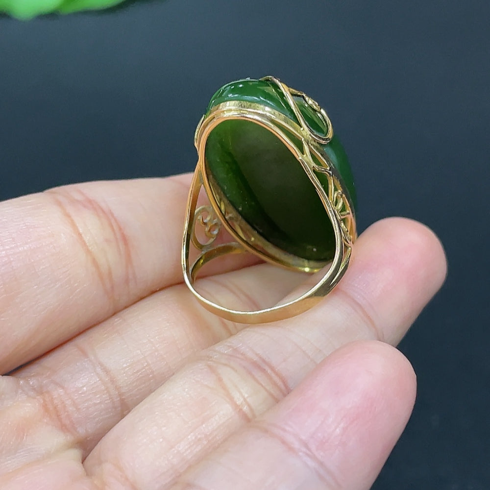 Hetian Jade Cabochon Ring with Tested 75% Gold Setting