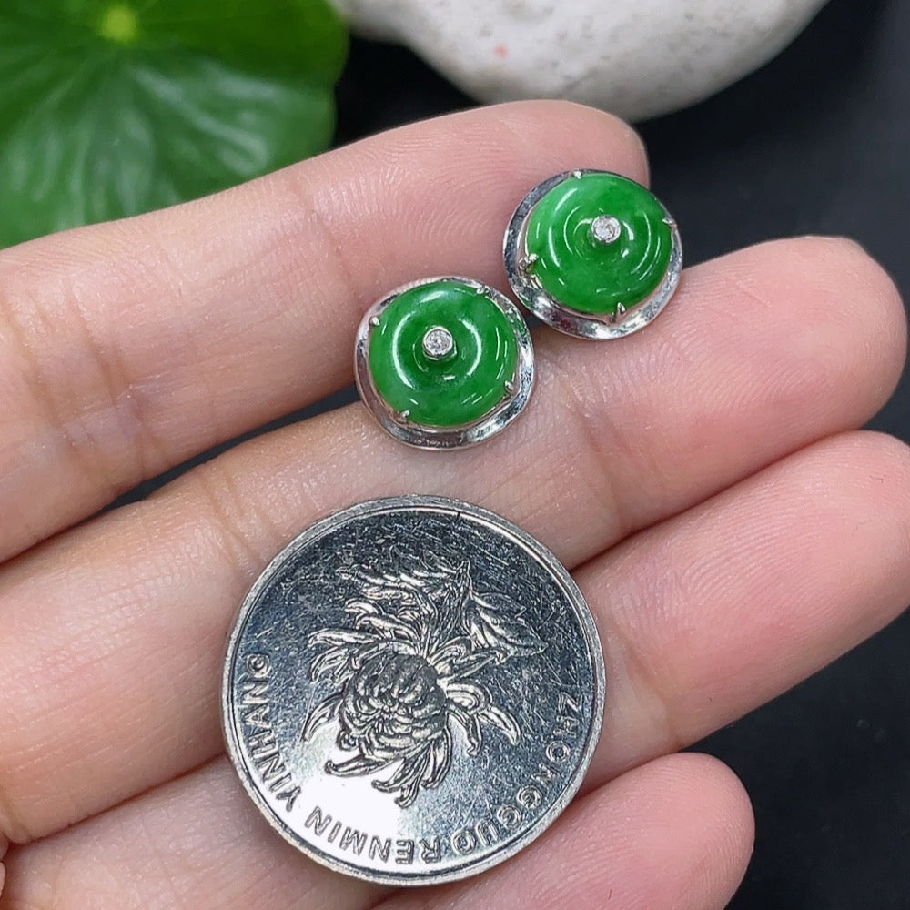 Jadeite Earrings with 18k Ear Caps, 14k Main Body, and Diamond Accents, Total Weight Approximately 2.1g