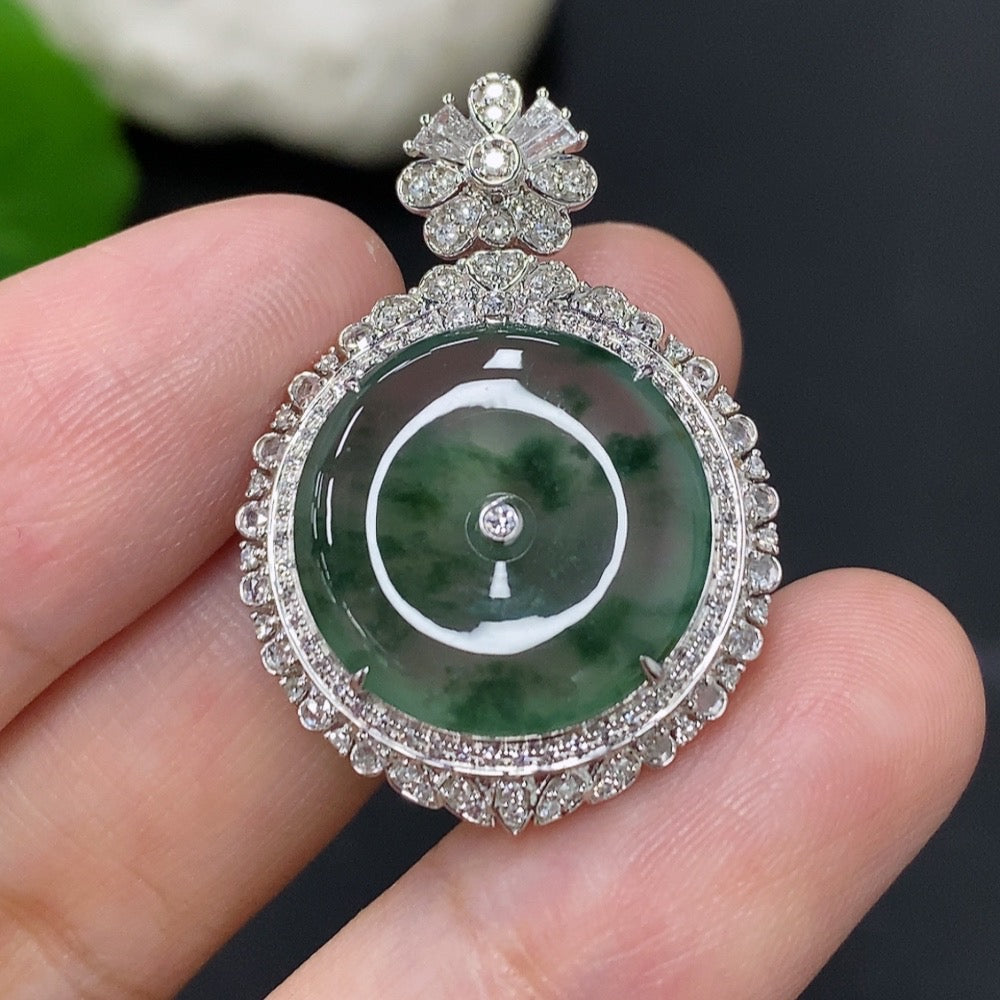 Jadeite Inlaid Peace Pendant with 18k Gold and Diamond Accents