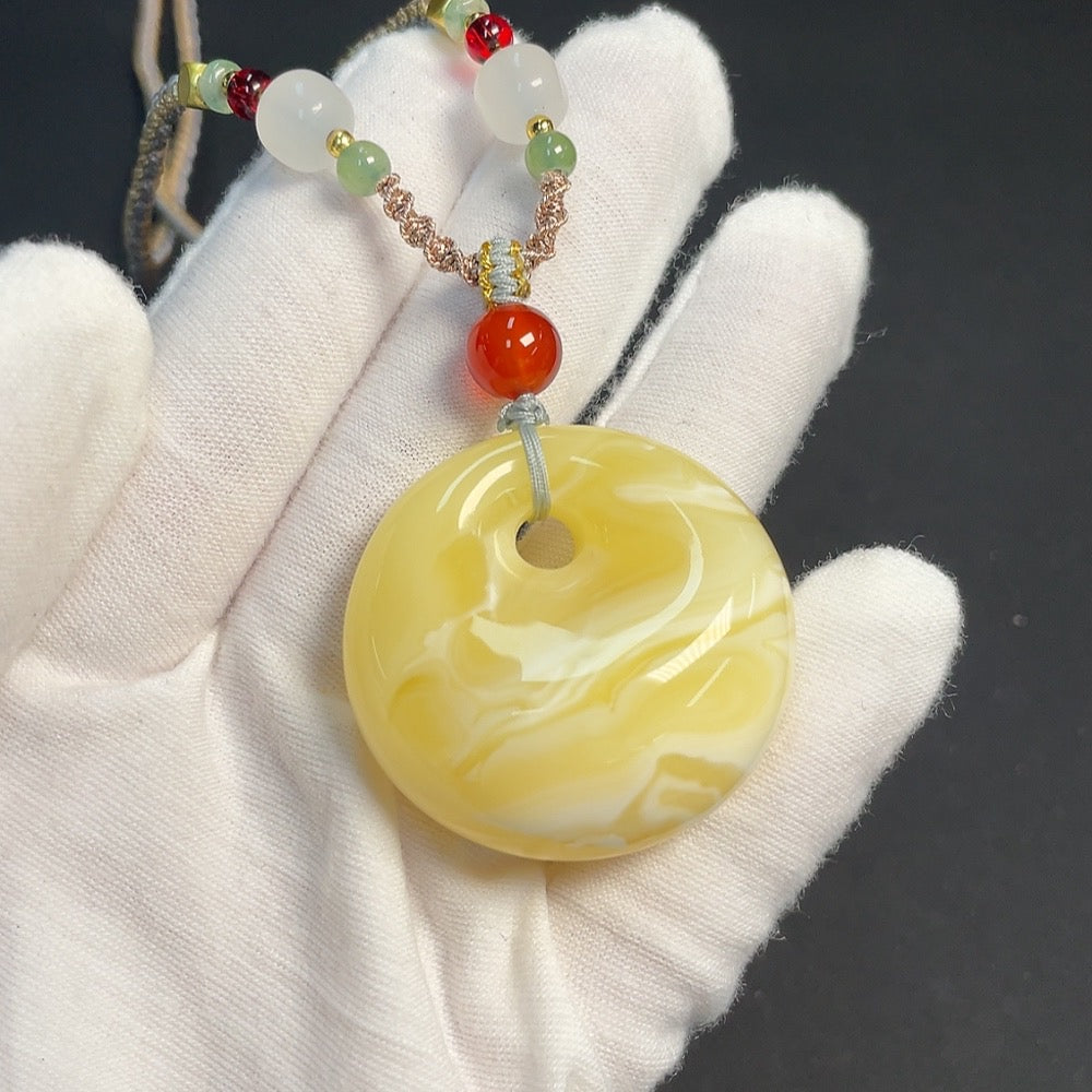 Amber Beeswax Pendant with Non-Natural Gemstones, Non-Gold