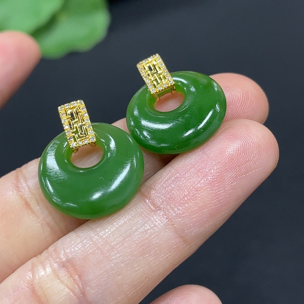 Green Hetian Jade Inlaid Earrings with Diamond Accents, 18K Gold