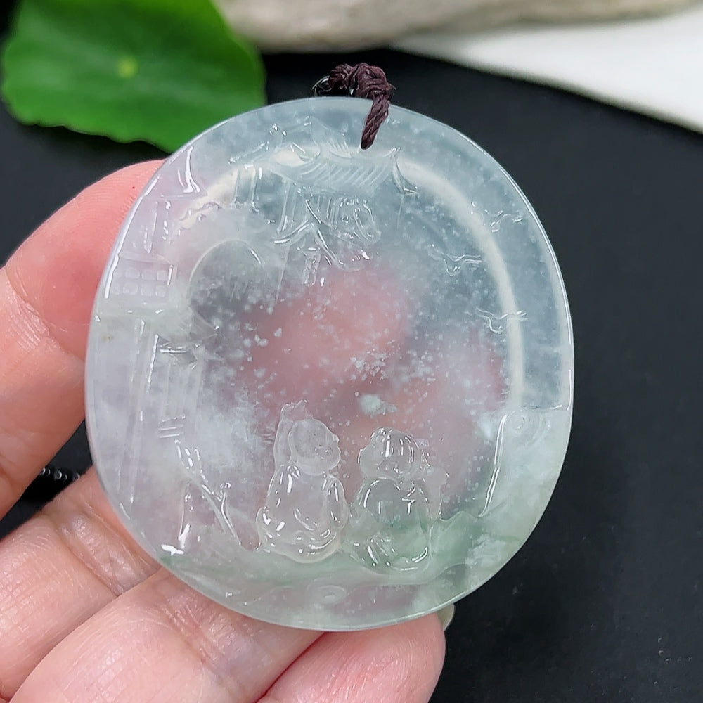 Jadeite pendant with rope beads, non-Grade A jade, HKHQ brand, weighing approximately 31.5g, displayed with accessories.