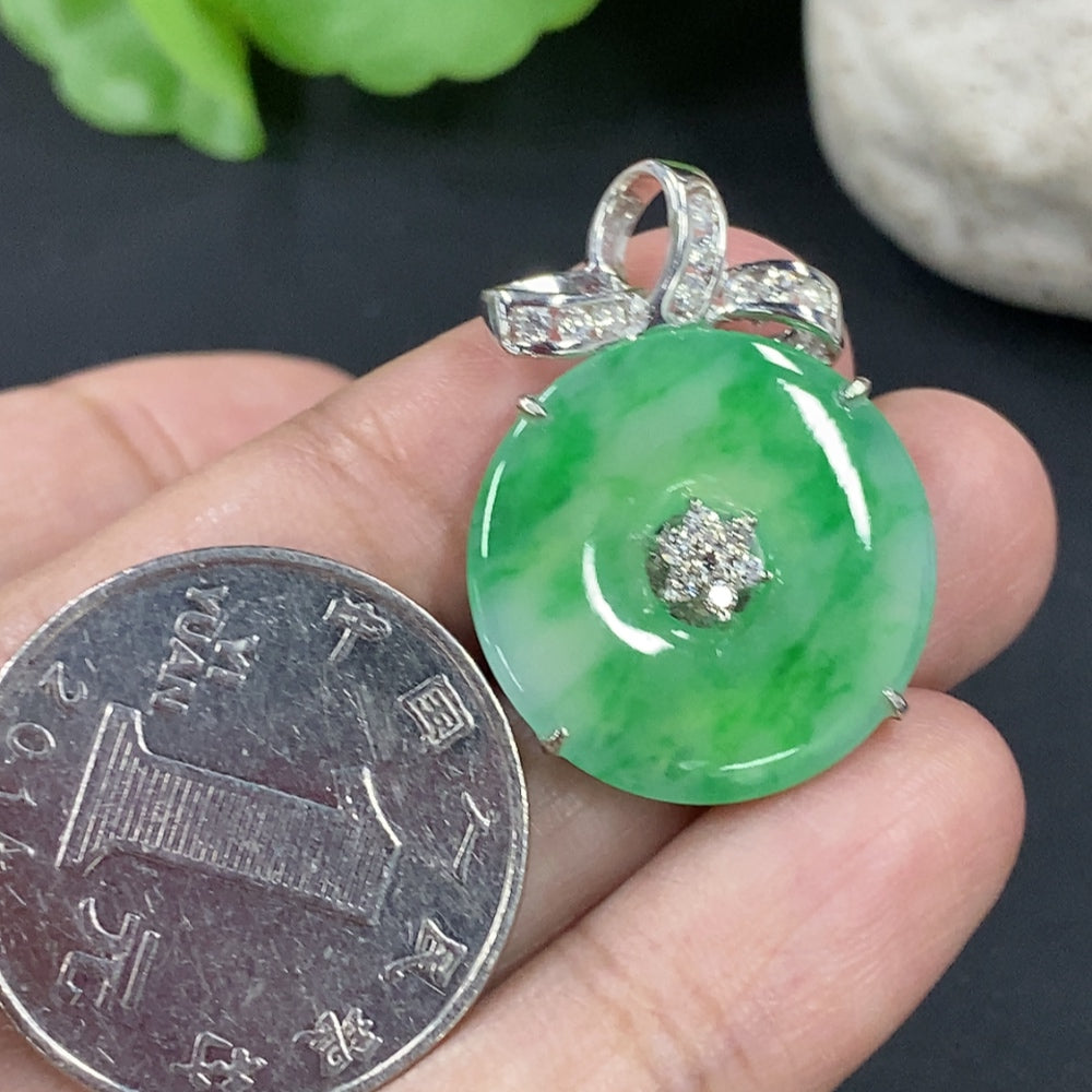 Jadeite Peace Knot pendant in 18k gold with diamond accents, elegant necklace with intricate inlay and detailed craftsmanship.