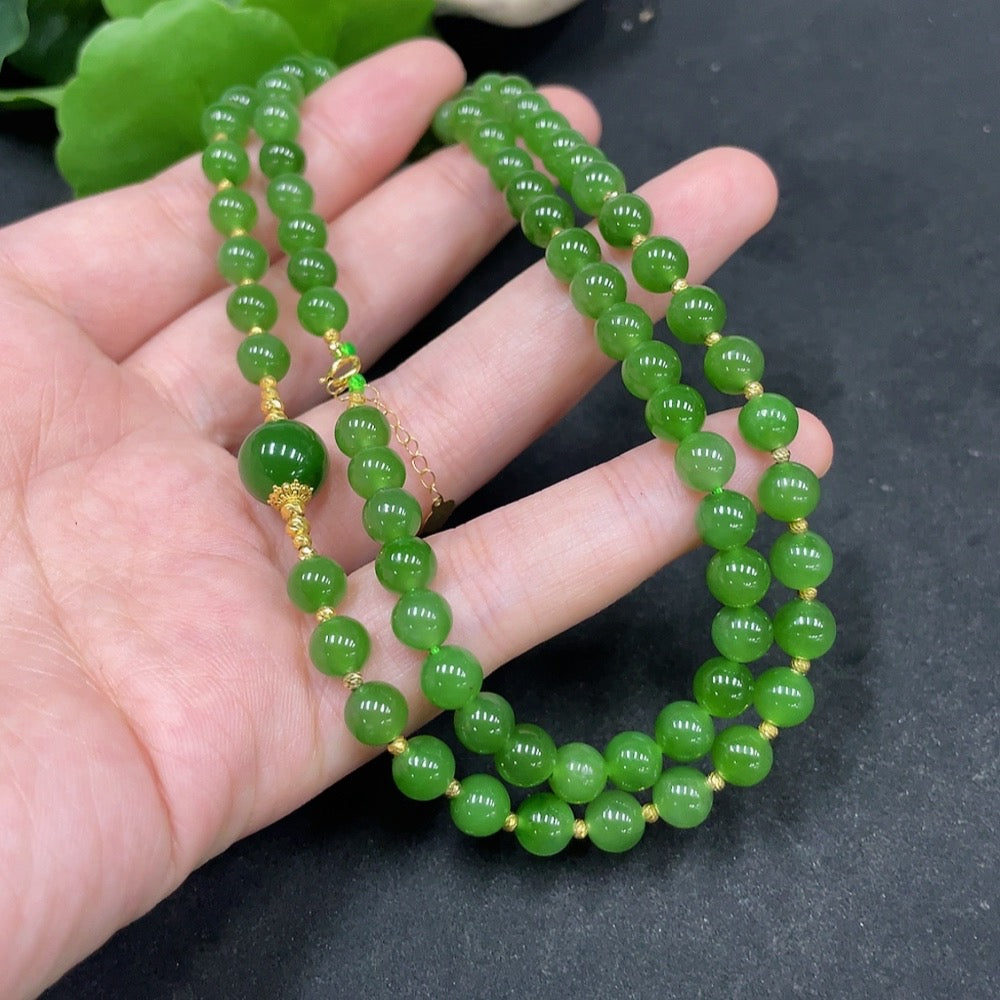 Hetian jade jasper bead necklace with 6mm stones, gold content 72%, weight 27.9g, featuring smooth, polished beads from HUILIU HQ.
