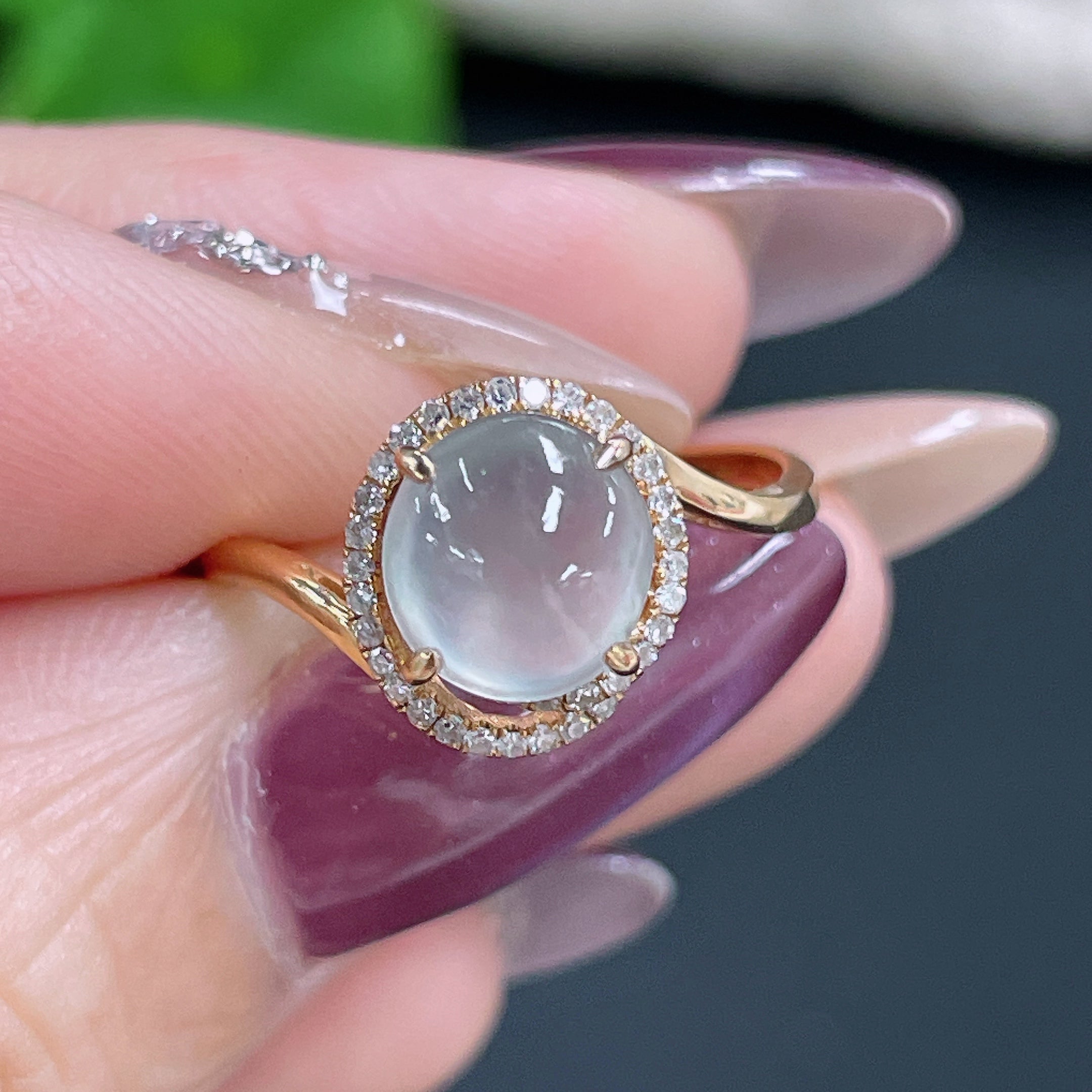 Jadeite Ring 18k Gold Setting with Diamond Accent, Total Weight Approx. 2.3g, Size 12