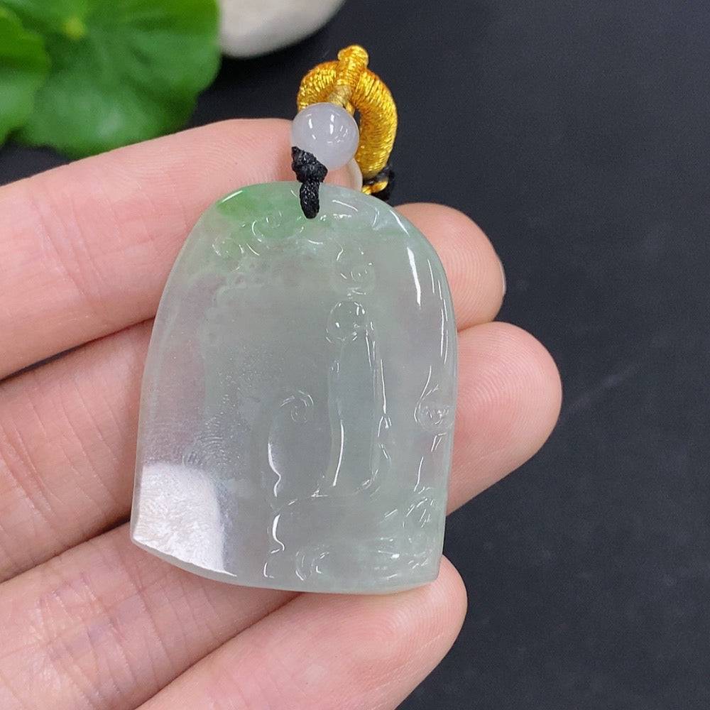 Jadeite Buddha amulet pendant with rope, weighing approximately 14.1g, crafted by HUILIU HQ, featuring a carved Buddha figure.