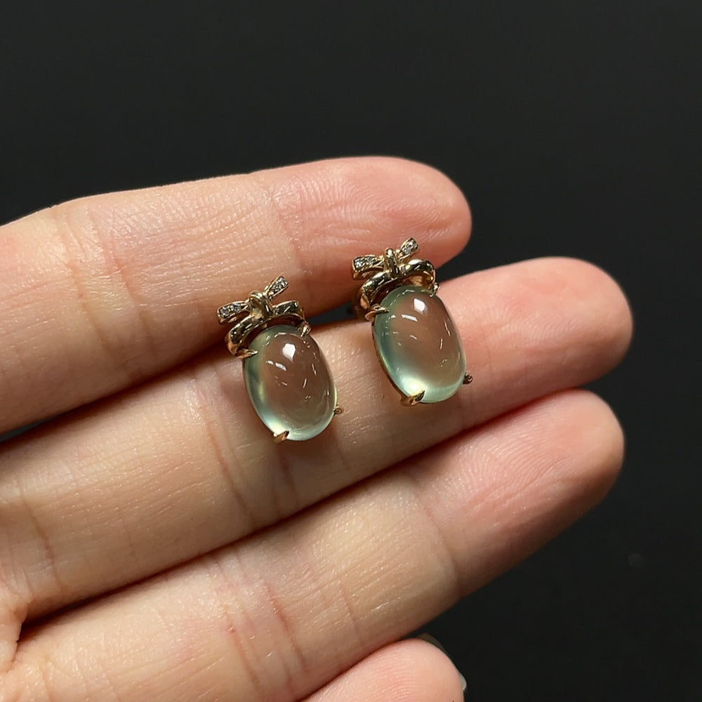 Prehnite gemstone earrings with diamond accents set in 9K gold, featuring elegant and natural jewelry design.