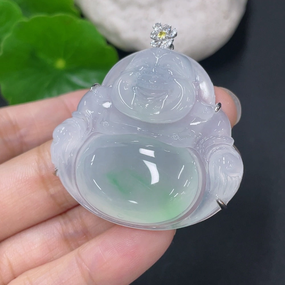 Jadeite Inlaid Buddha Pendant with 18k Clasp and Non-Gold Accents, Set with Colorless Diamonds, Total Weight Approximately 20g