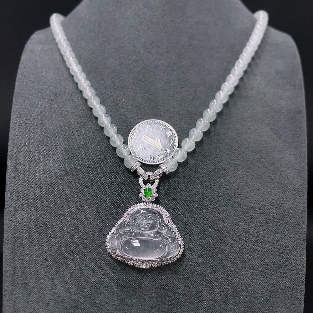 Jadeite Inlaid Buddha Pendant with 18K Gold and Diamond Accents