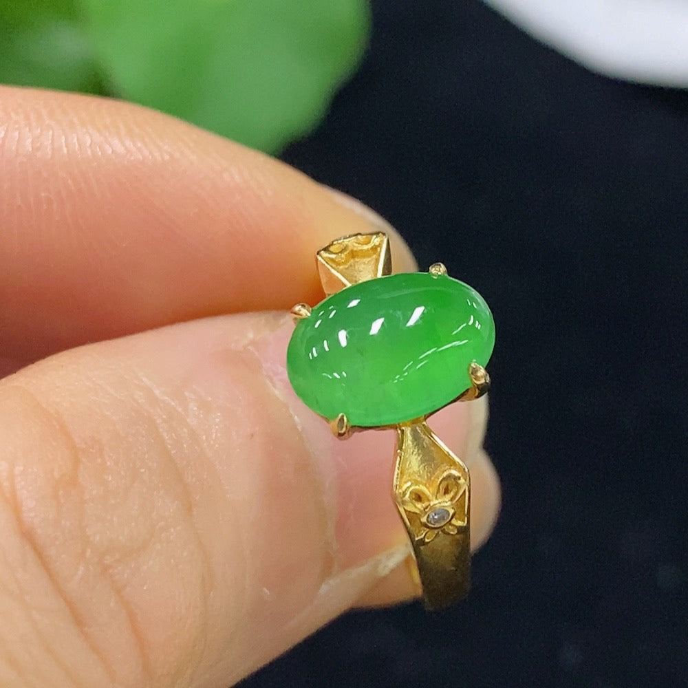 Jadeite Cabochon Inlaid Ring with Diamond Accents . | Huiliu Certified