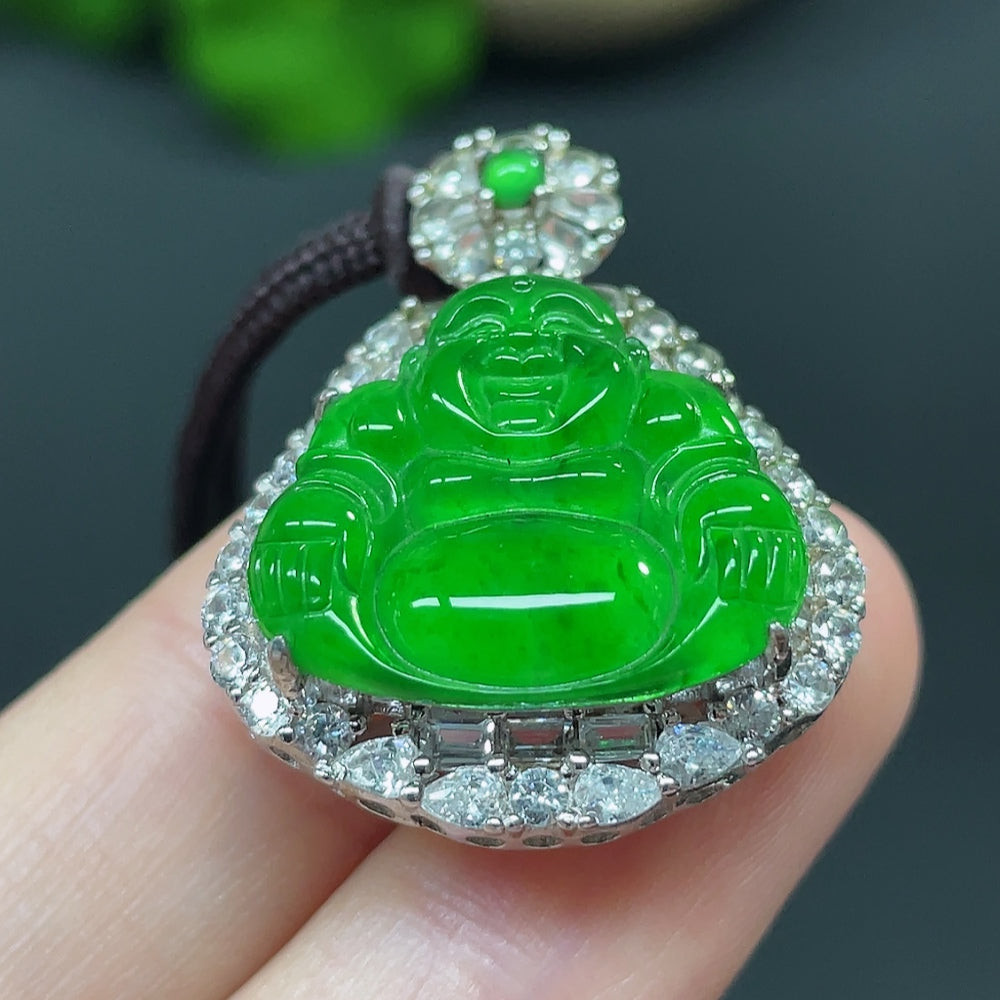 Jadeite Buddha pendant necklace with non-gold setting from HKHQ, featuring a detailed green jade Buddha charm on a simple chain.